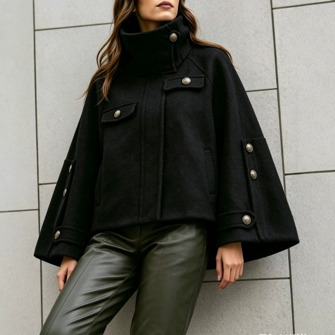 Sorvienne Relaxed Stand Collar Button Cape Jacket
