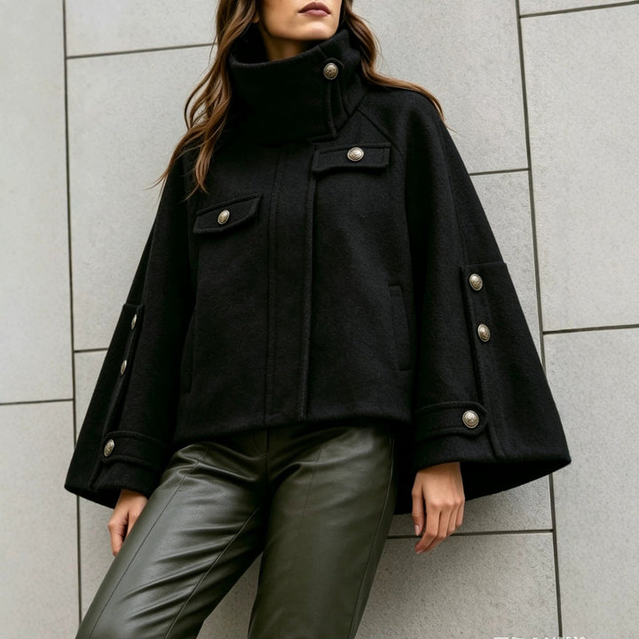 Sorvienne Relaxed Stand Collar Button Cape Jacket