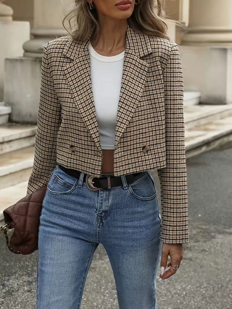 Sorvienne Double Breasted Check Cropped Blazer