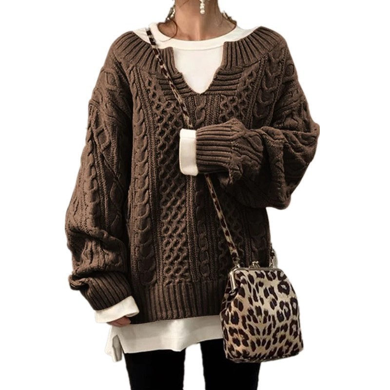 Sorvienne Oversized Notch Neck Cable Knit Jumper in Brown