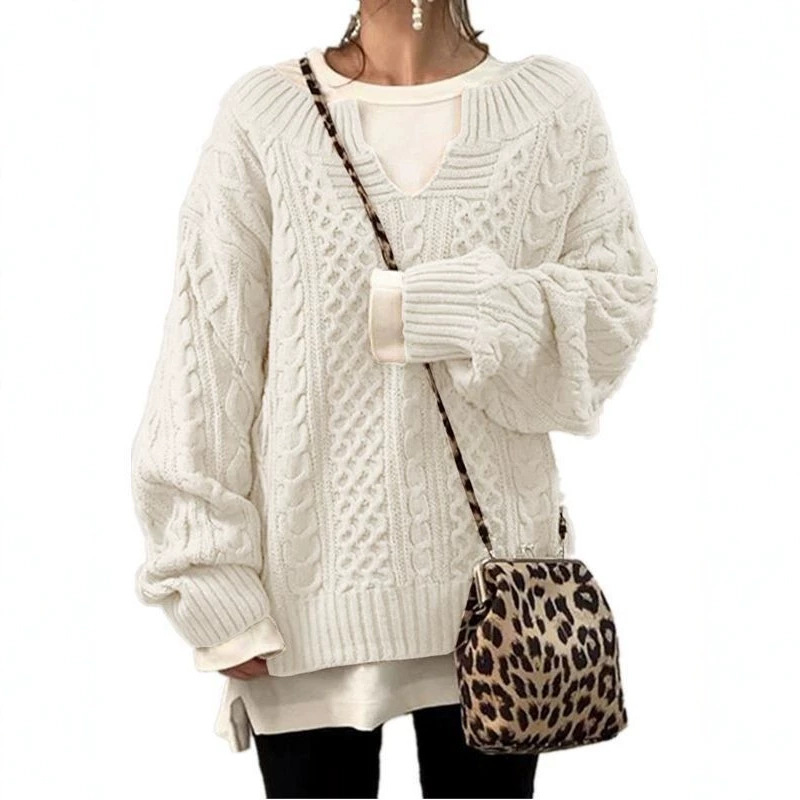 Sorvienne Oversized Notch Neck Cable Knit Jumper in Cream