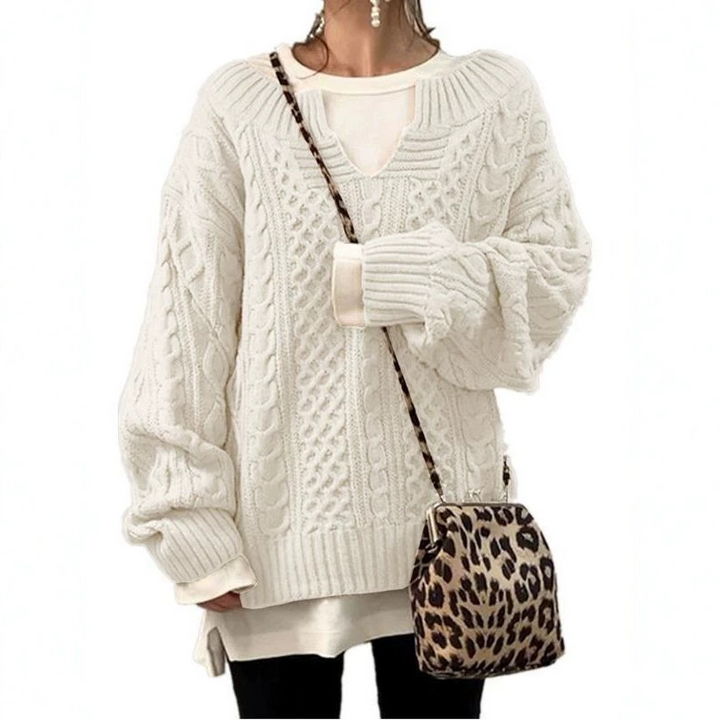 Sorvienne Oversized Notch Neck Cable Knit Jumper in Cream