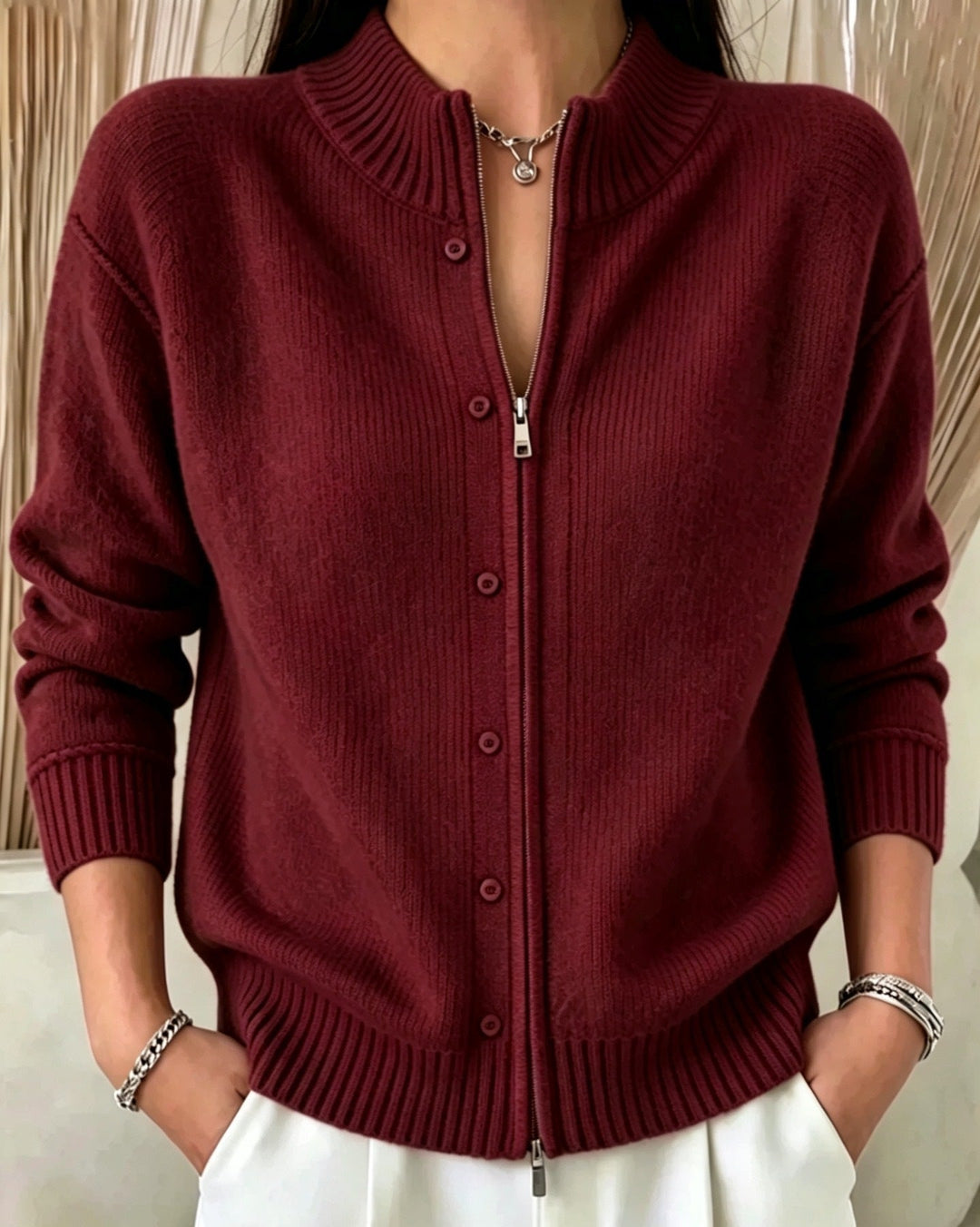Sorvienne Mock Neck Zip Through Cardigan in Burgundy