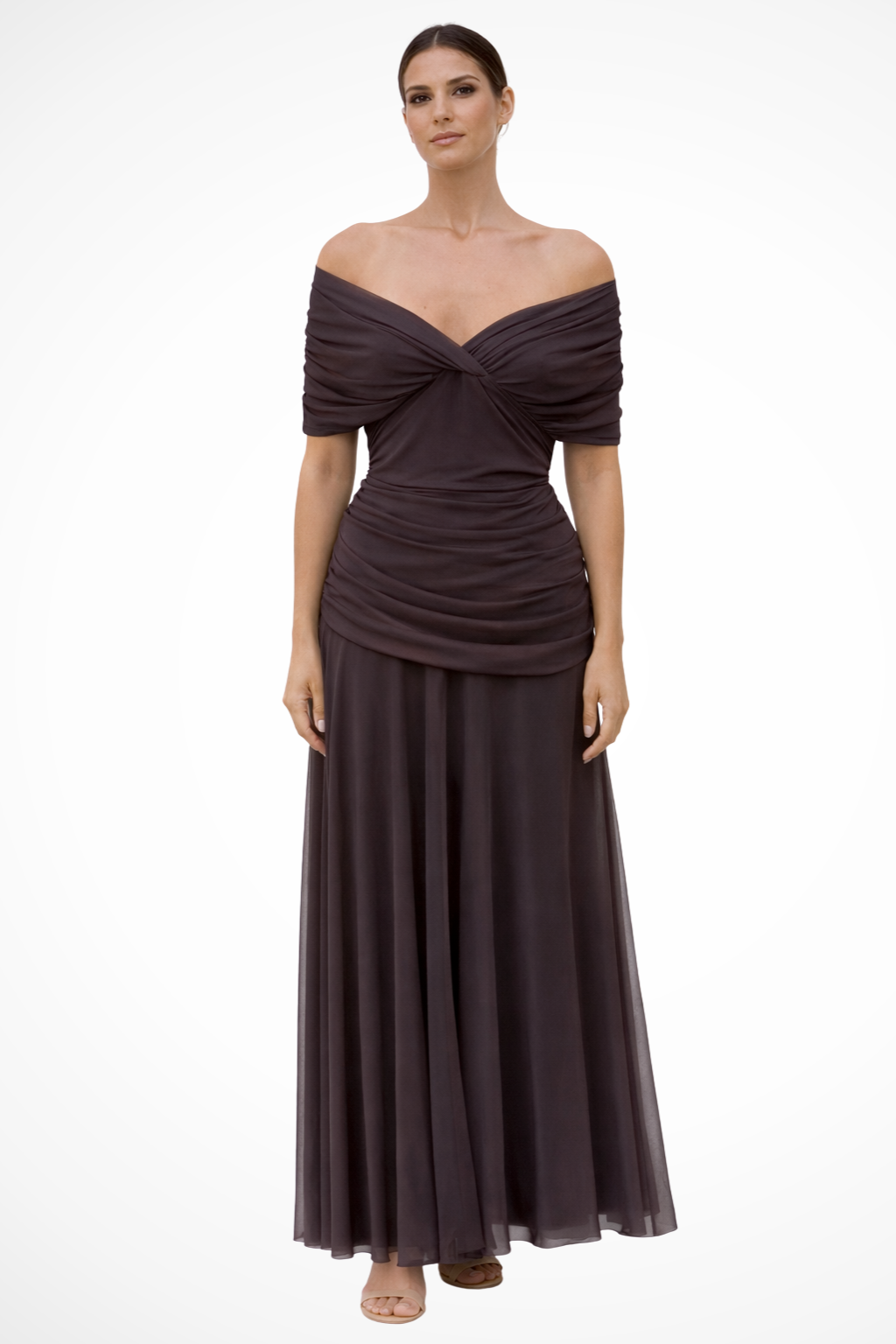 Sorvienne Women's Off Shoulder Pleated Midi Dress in Brown
