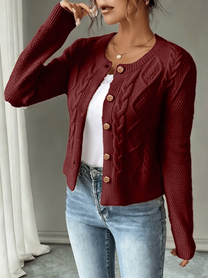 Sorvienne Cropped Cable Knit Cardigan in Burgundy