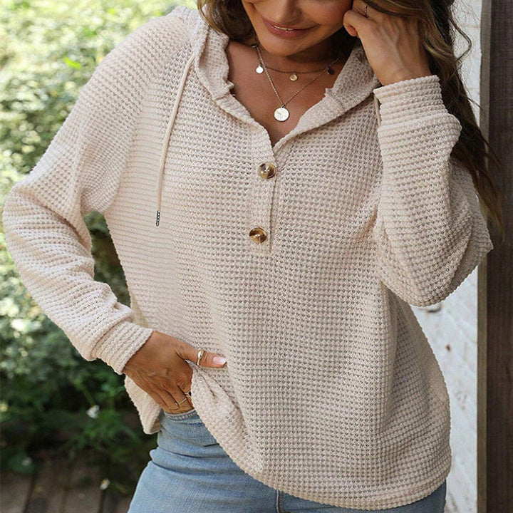 Sorvienne Relaxed Button Neck Waffle Knit Hoodie in Oatmeal
