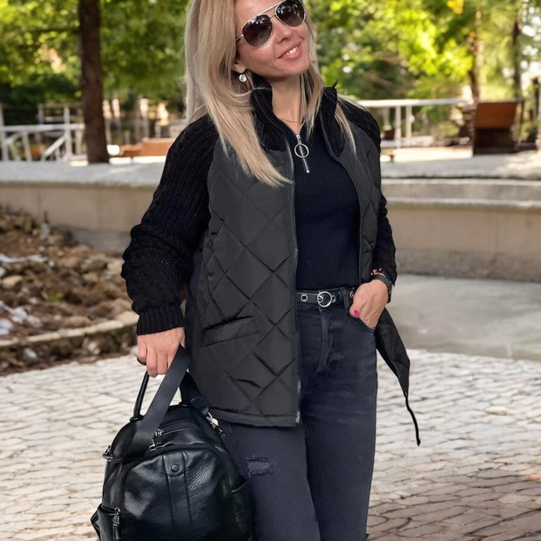 Sorvienne Relaxed Quilted Jacket with Knit Sleeves in Black