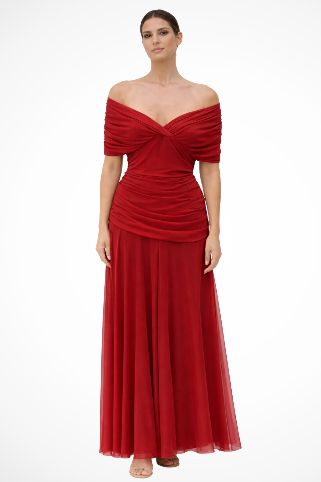 Sorvienne Women's Off Shoulder Pleated Midi Dress in Red