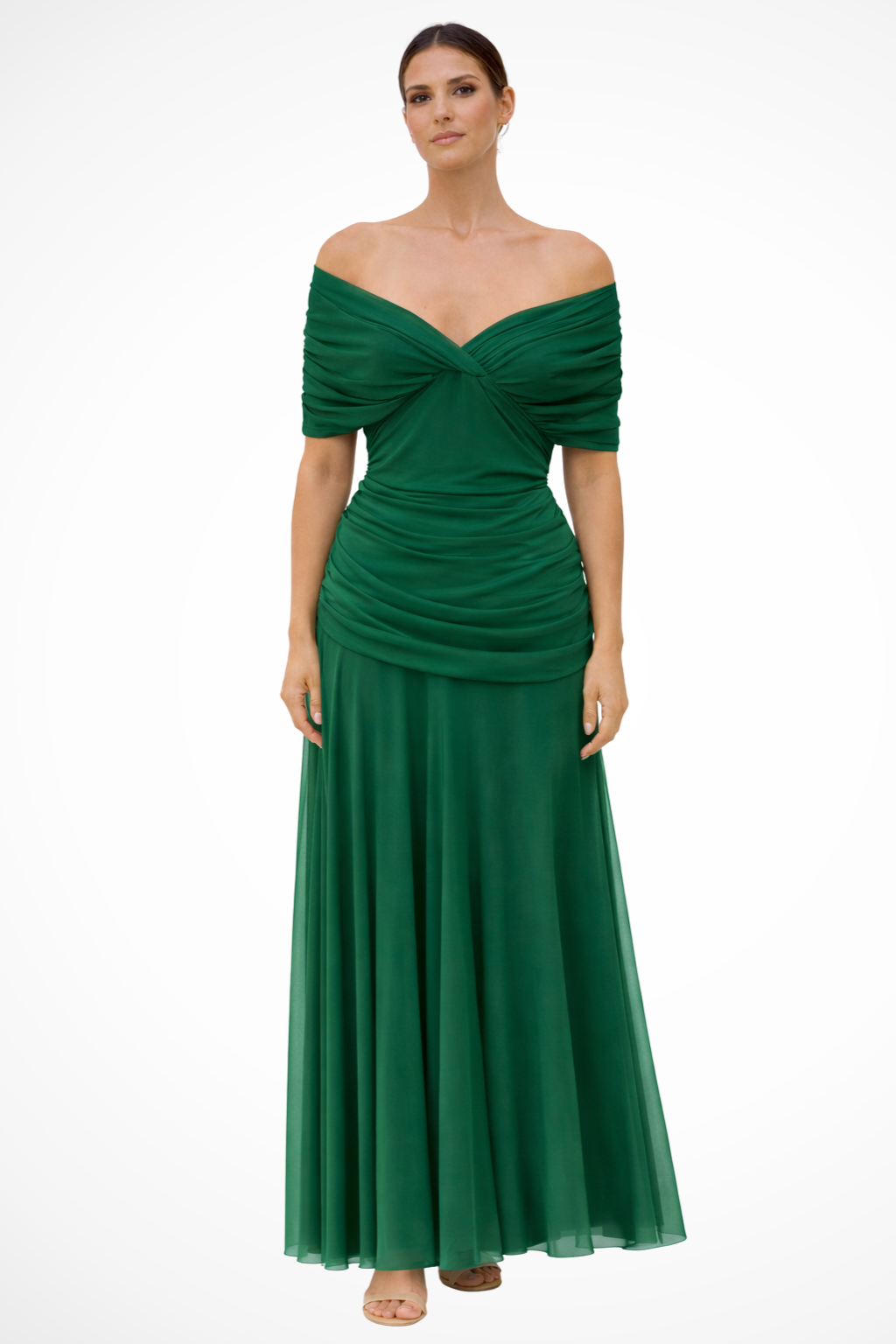 Sorvienne Women's Off Shoulder Pleated Midi Dress in Green