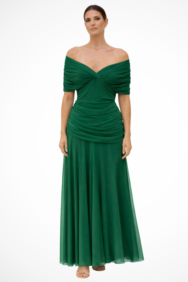 Sorvienne Women's Off Shoulder Pleated Midi Dress in Green