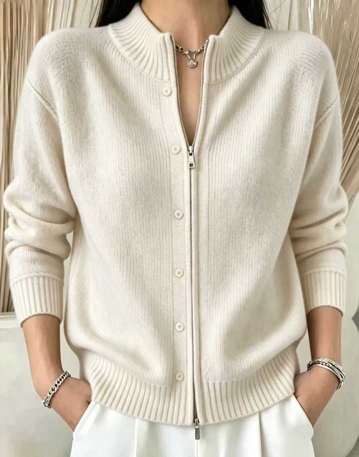 Sorvienne Mock Neck Zip Through Cardigan in Ivory