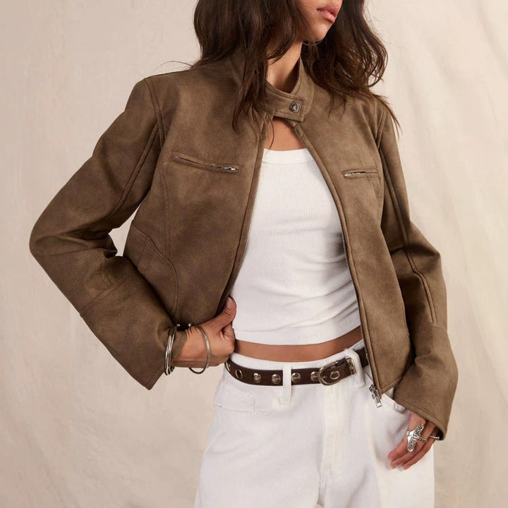 Sorvienne Relaxed Cropped Washed Faux Leather Jacket