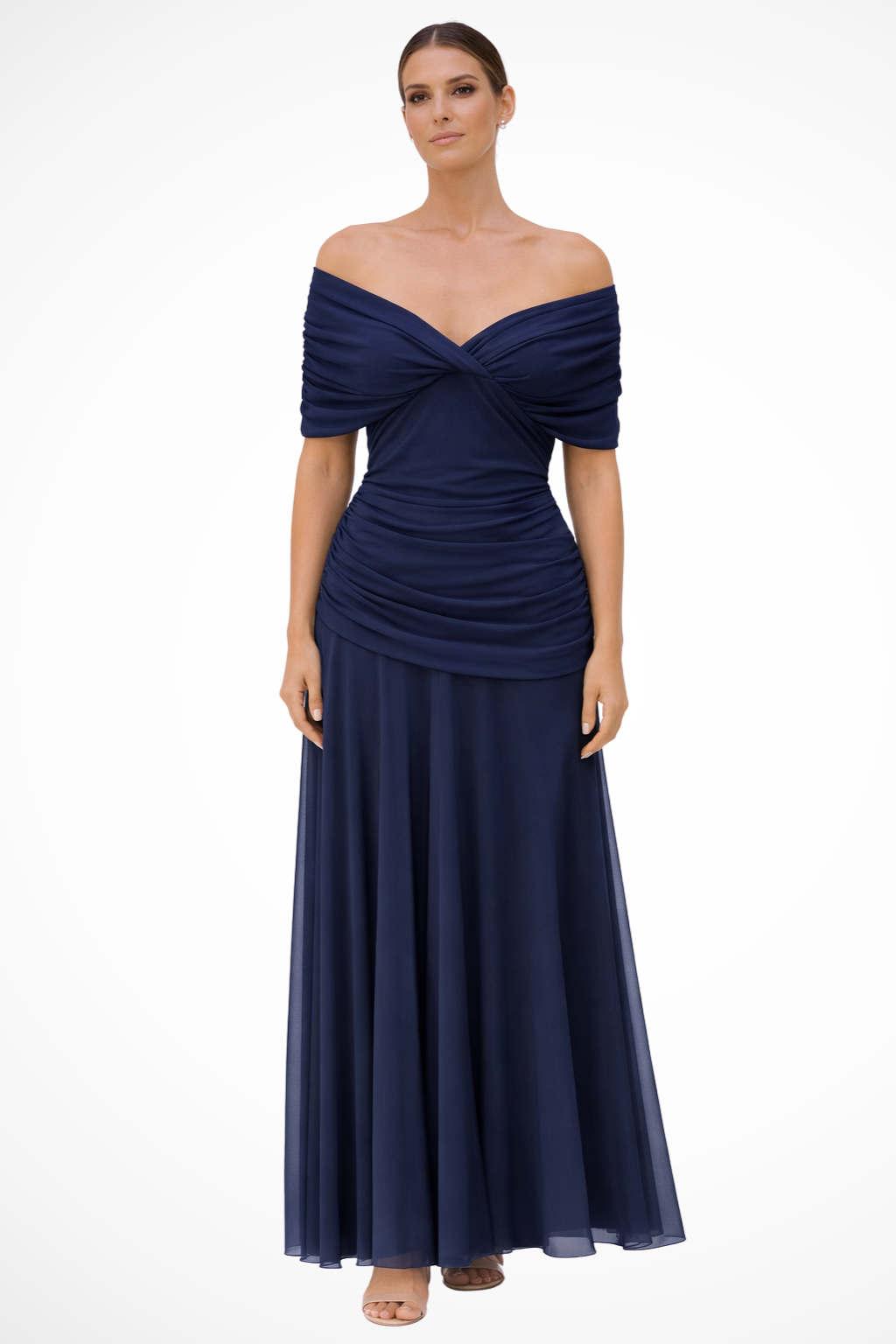 Sorvienne Women's Off Shoulder Pleated Midi Dress in Blue