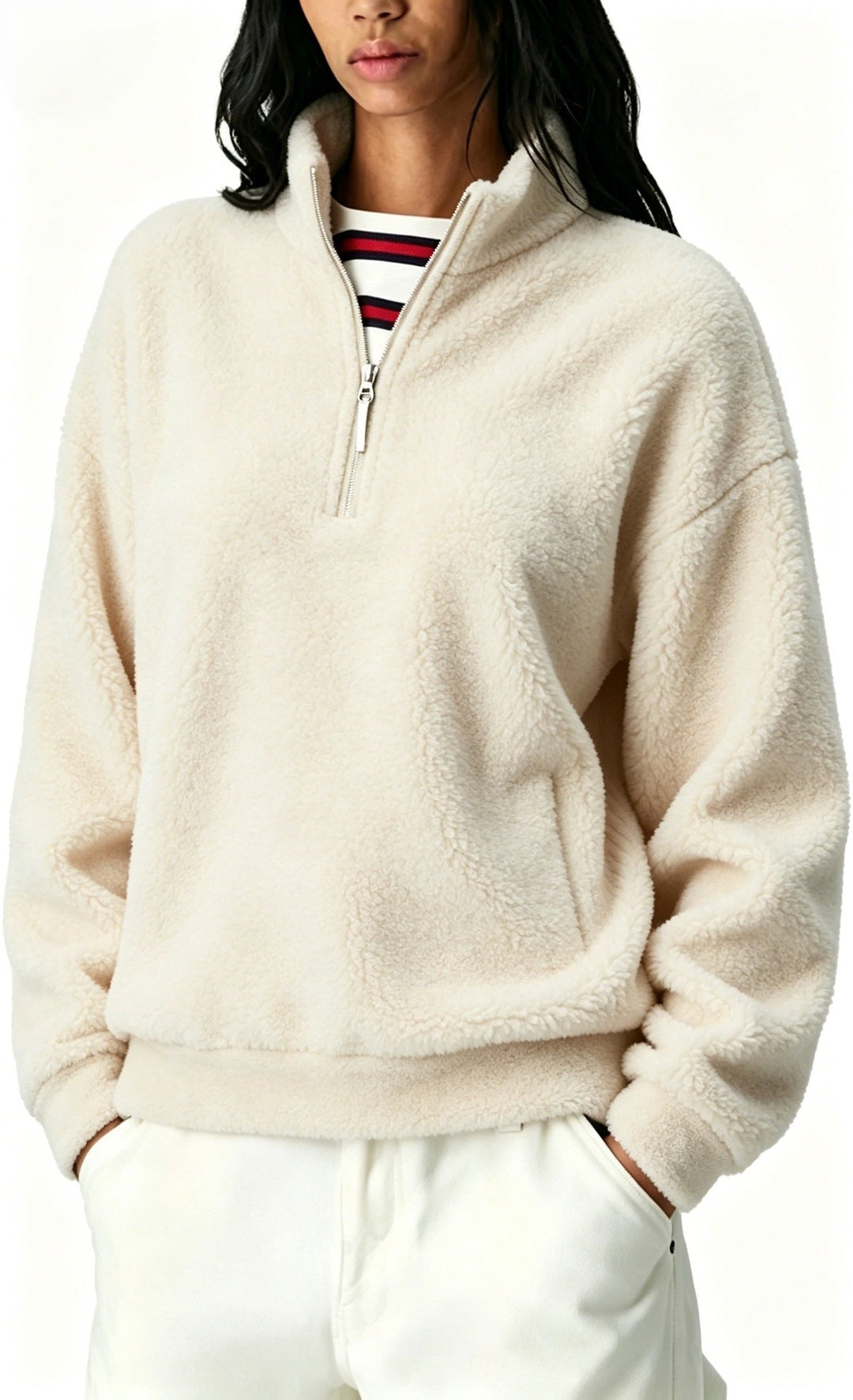 Sorvienne Relaxed Borg Half Zip Fleece in Cream