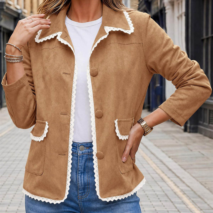 Sorvienne Tailored Contrast Trim Faux Suede Jacket in Tan