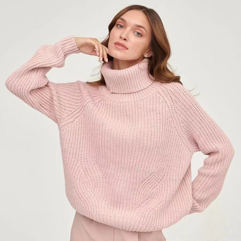Sorvienne Relaxed Raglan Chunky Roll Neck Jumper in Pink
