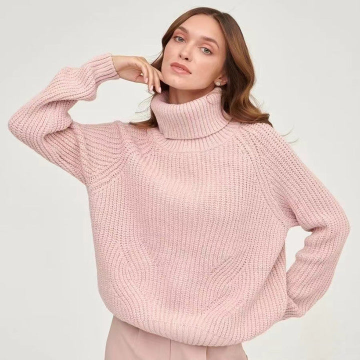Sorvienne Relaxed Raglan Chunky Roll Neck Jumper in Pink