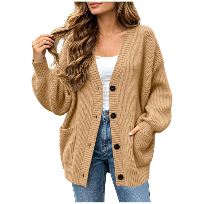 Sorvienne Relaxed Ribbed Boyfriend Cardigan in Camel