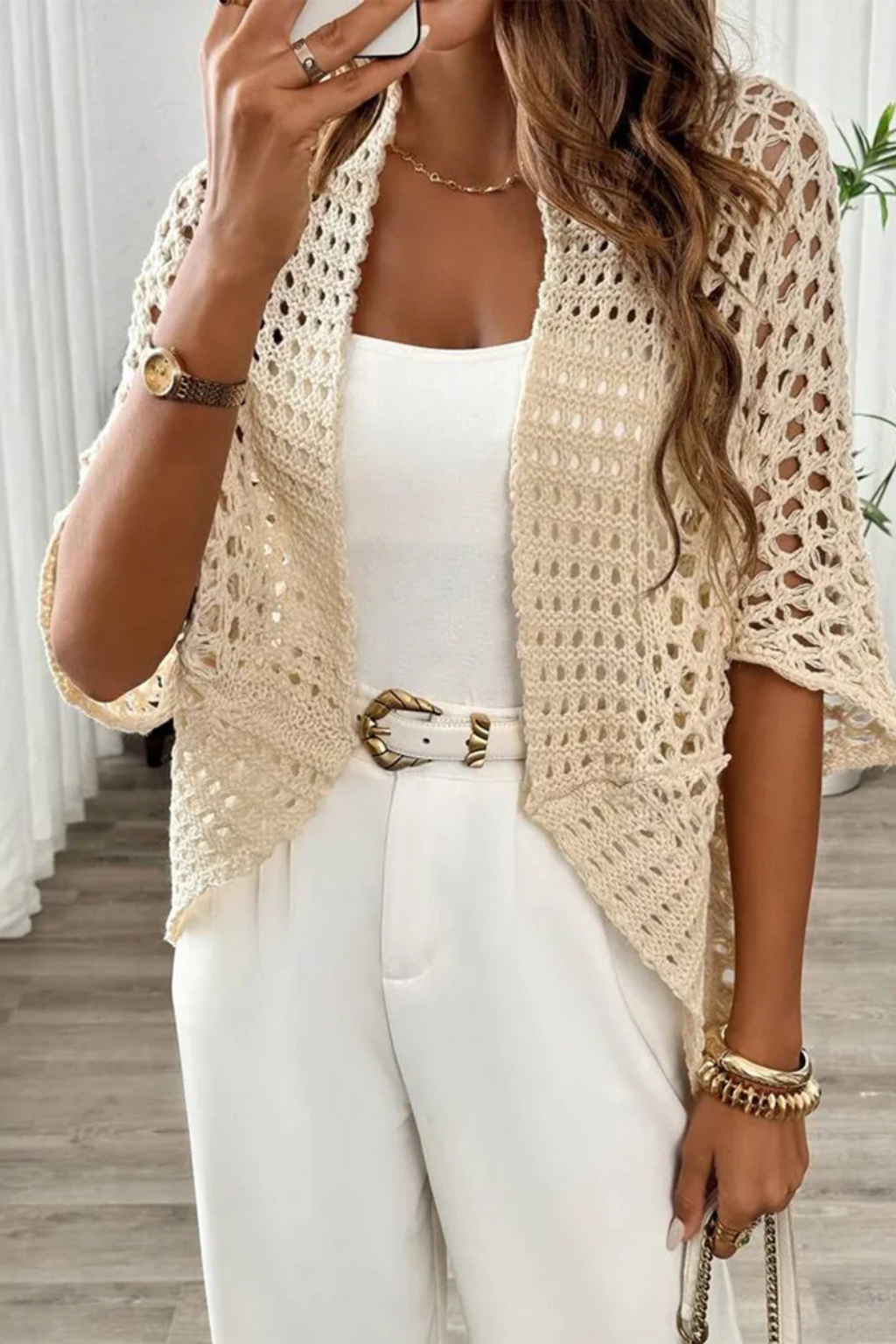 Sorvienne Women's Short Sleeve Crochet Cardigan