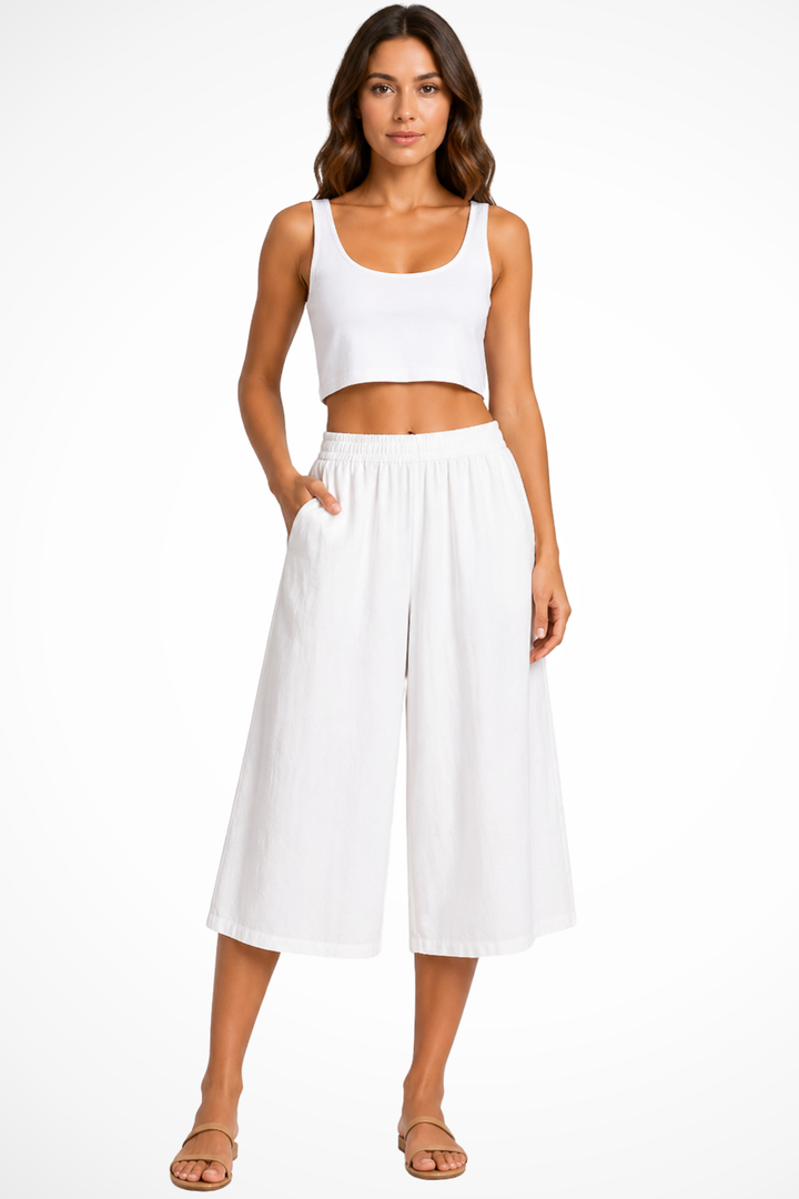 Sorvienne Women's Wide Leg Cropped Trousers in White