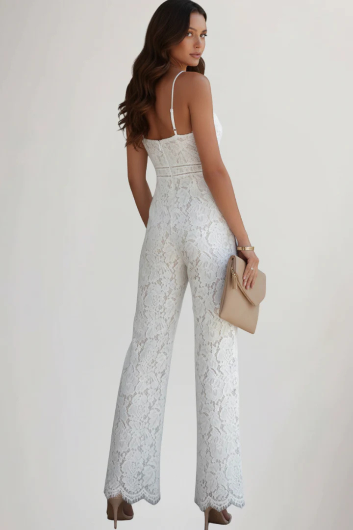 Sorvienne Women's Lace V-Neck Strappy Wide Leg Jumpsuit