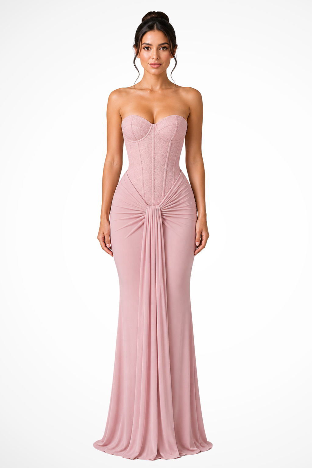 Sorvienne Women's Lace Corset Strapless Draped Maxi Dress in Pink