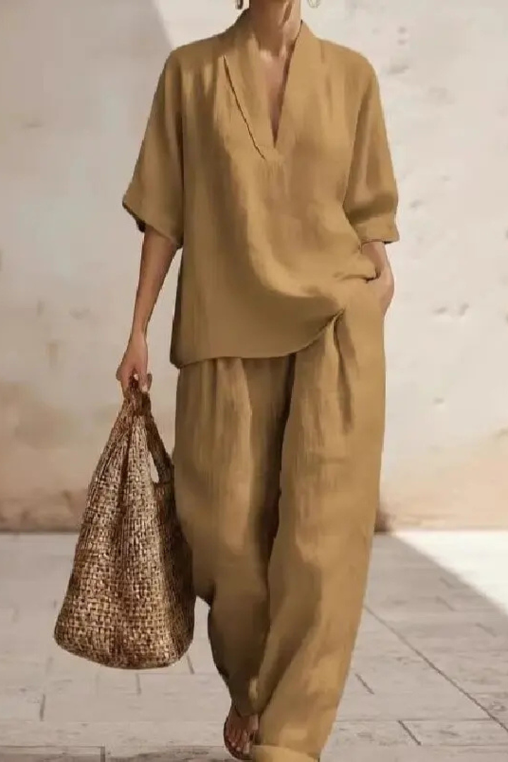 Sorvienne Women's Linen Wide Leg Co-Ord Set