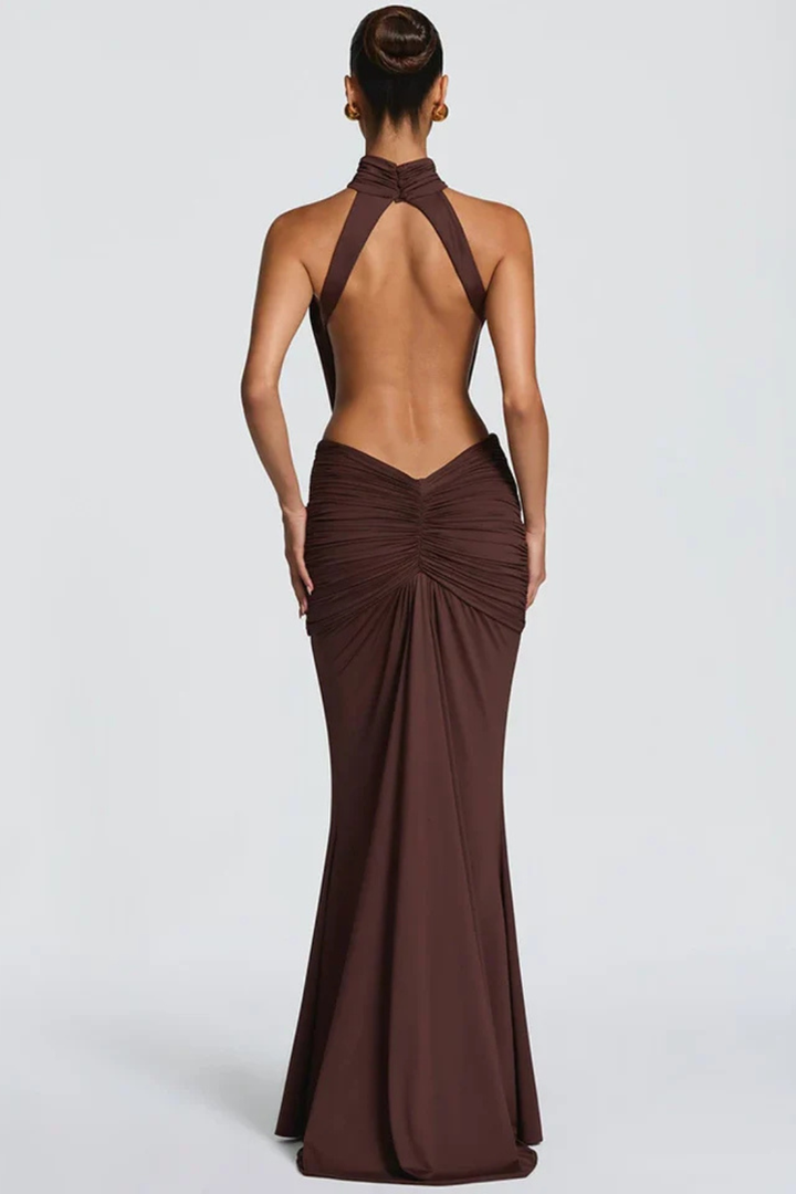 Sorvienne Women's High Neck Backless Ruched Maxi Dress
