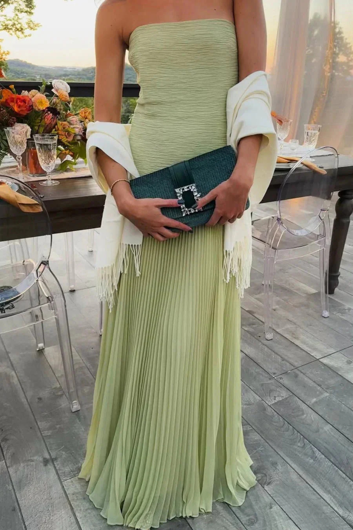 Sorvienne Strapless Pleated Drop-Waist Maxi Dress