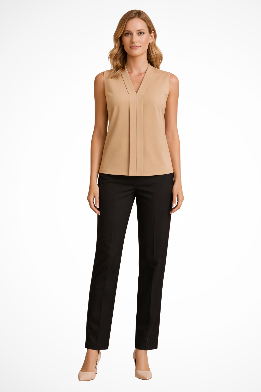 Sorvienne Women's Sleeveless V Neck Blouse in Beige