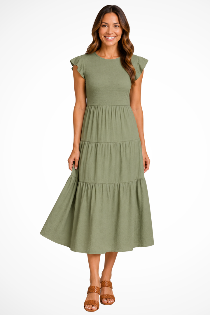 Sorvienne Shirred Tiered Relaxed Midi Dress in Dark green