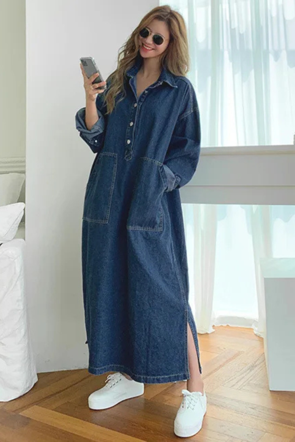 Sorvienne Women's Oversized Denim Maxi Dress with Pockets