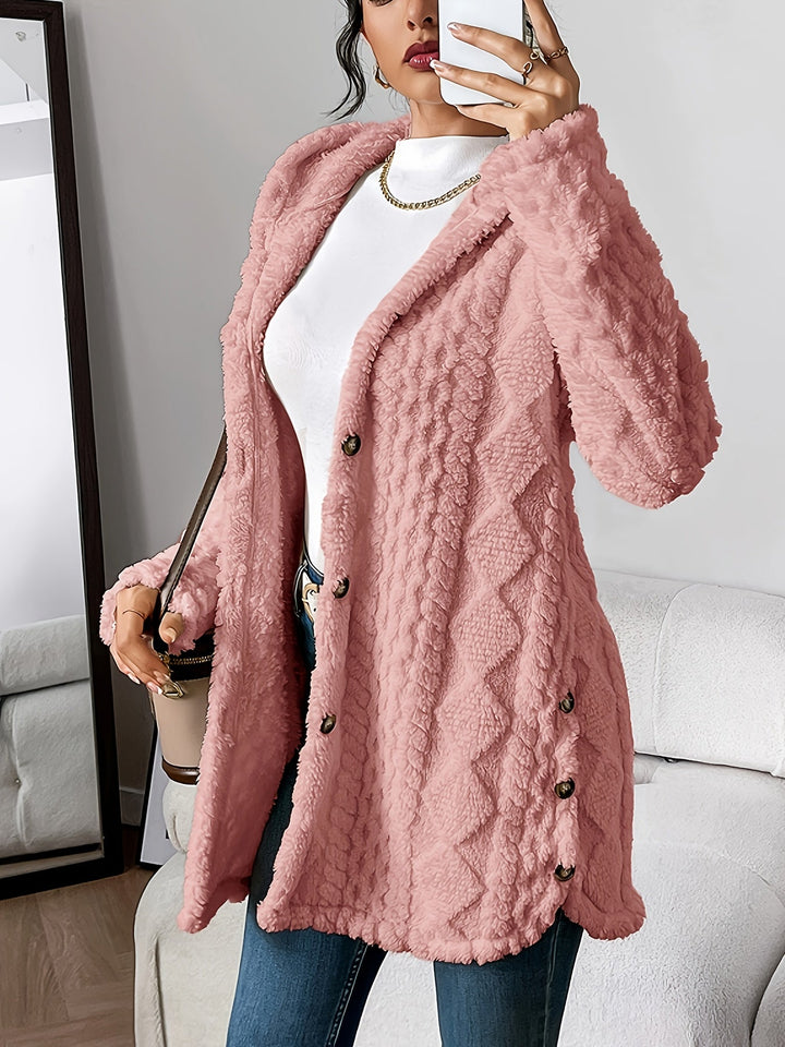 Sorvienne Relaxed Cable Texture Hooded Fleece Cardigan in Pink
