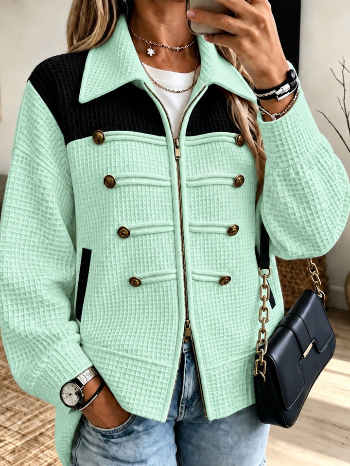 Sorvienne Relaxed Waffle Knit Military Jacket in Mint