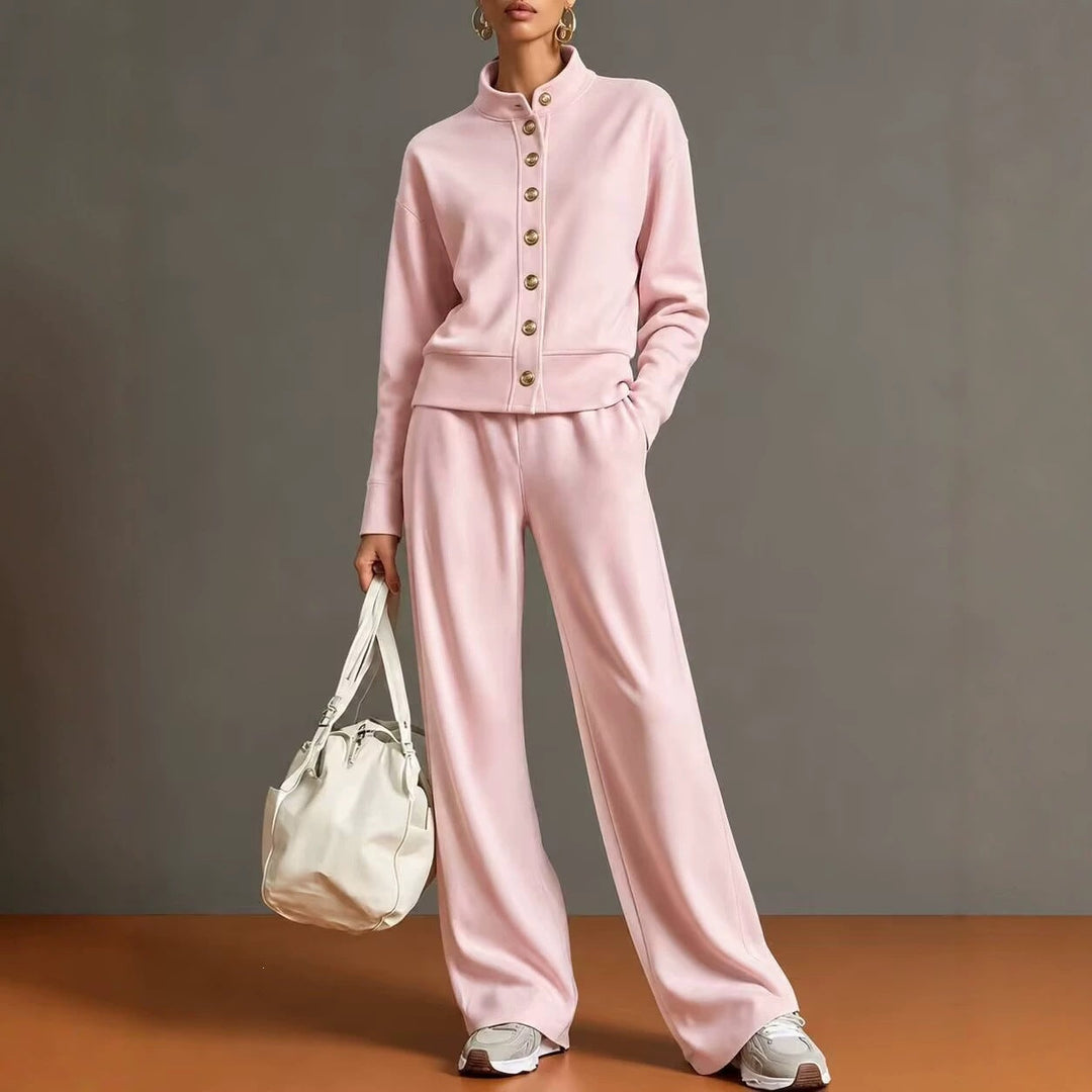 Sorvienne Relaxed Button Front Knitted Co Ord Set in Pink