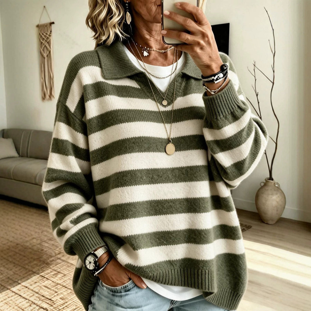 Sorvienne Relaxed Collared Striped Jumper in Olive Stripe