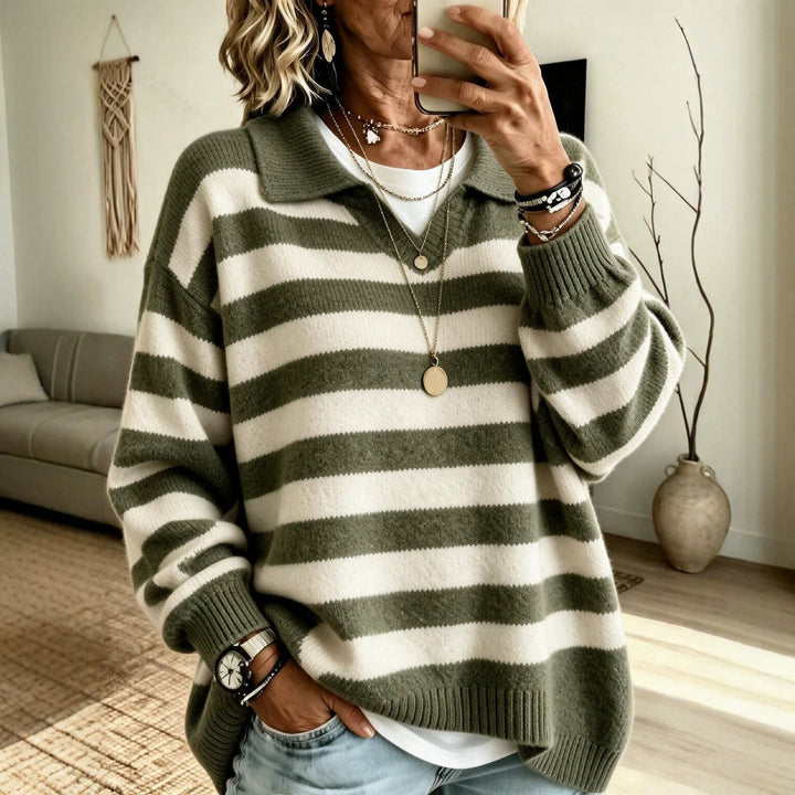 Sorvienne Relaxed Collared Striped Jumper in Olive Stripe