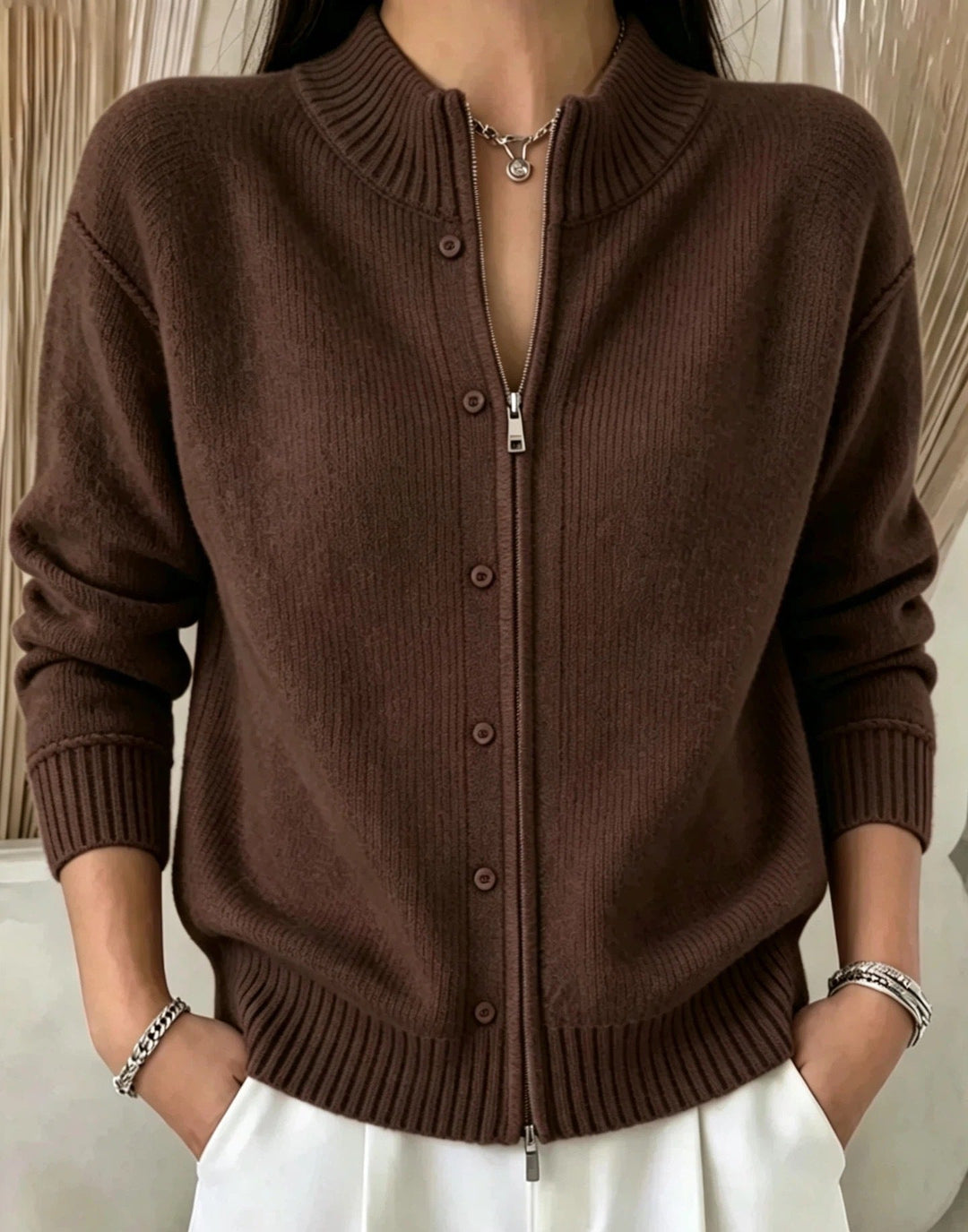 Sorvienne Mock Neck Zip Through Cardigan in Brown