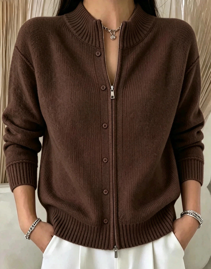 Sorvienne Mock Neck Zip Through Cardigan in Brown