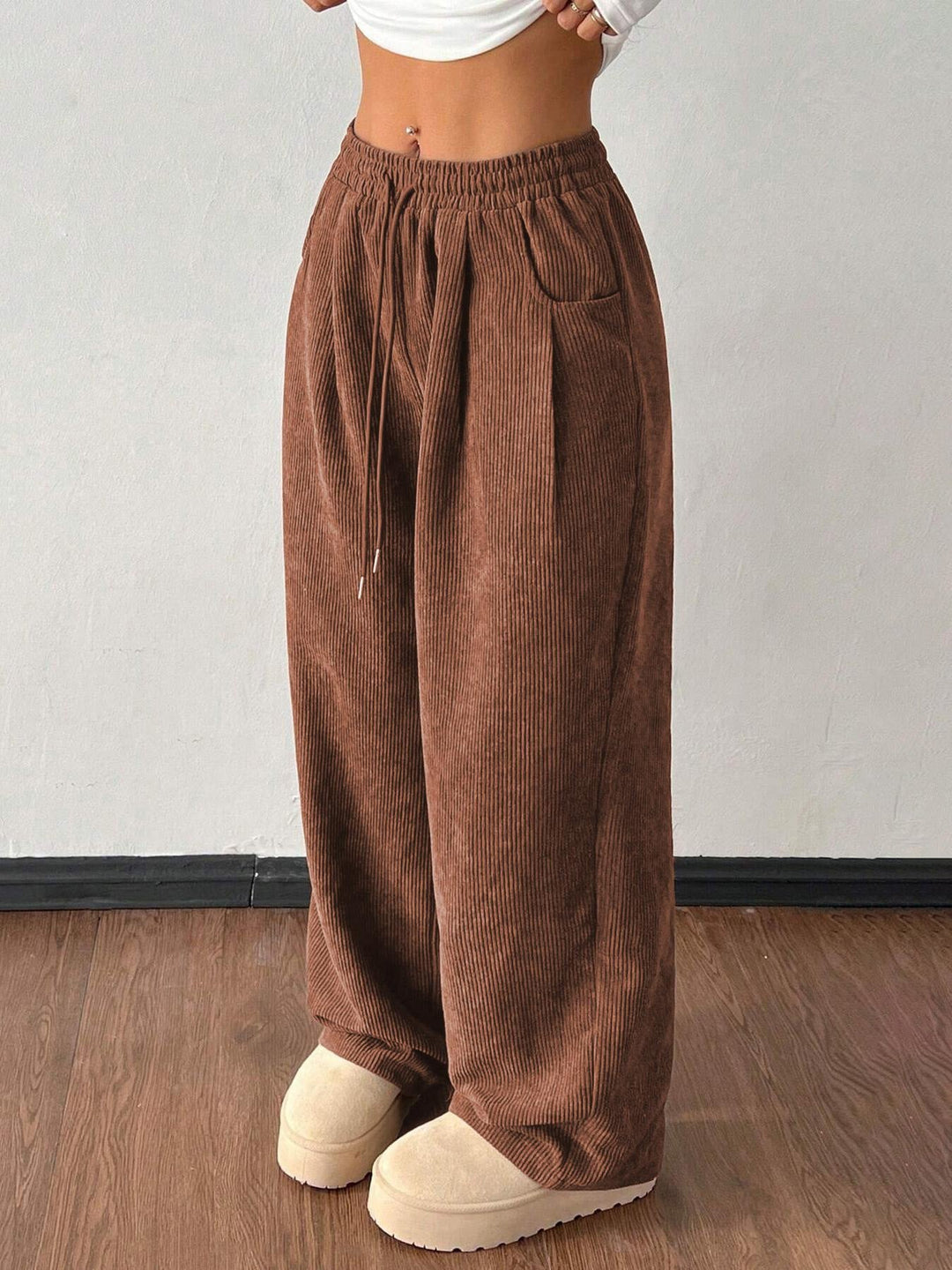 Sorvienne Relaxed Drawstring Wide Leg Cord Trousers in Brown
