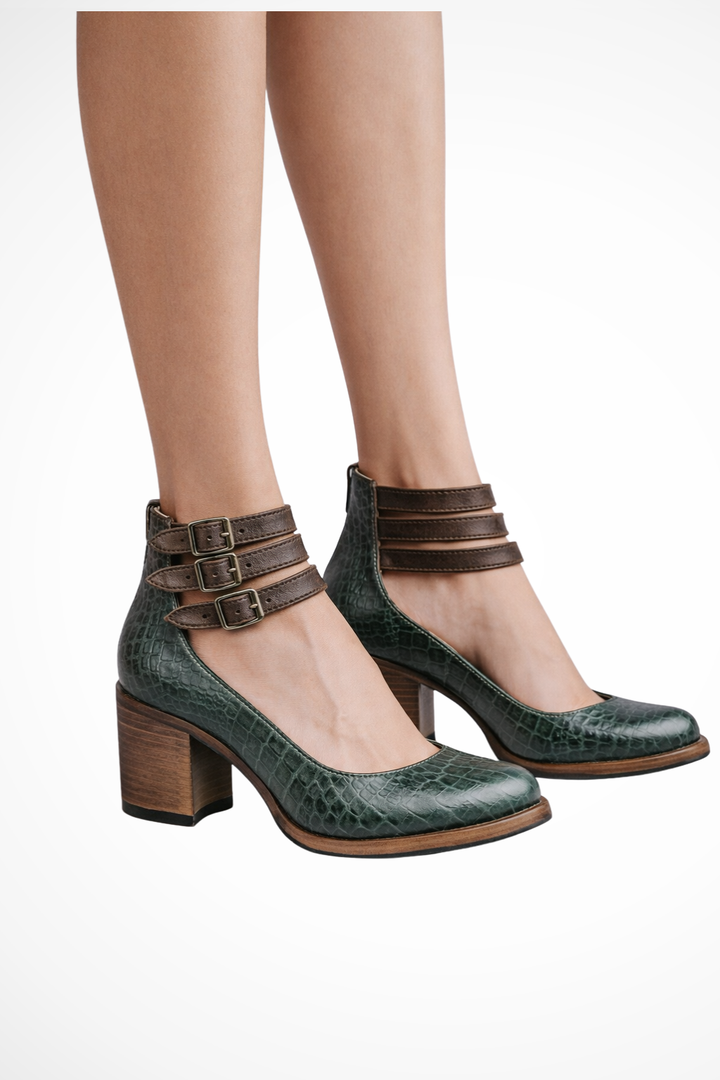 Sorvienne Women's Strappy Ankle Strap Heels in Green Snake