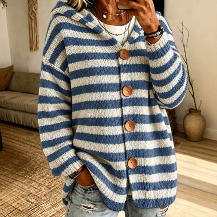 Sorvienne Relaxed Striped Button Front Hooded Cardigan in Blue Stripe