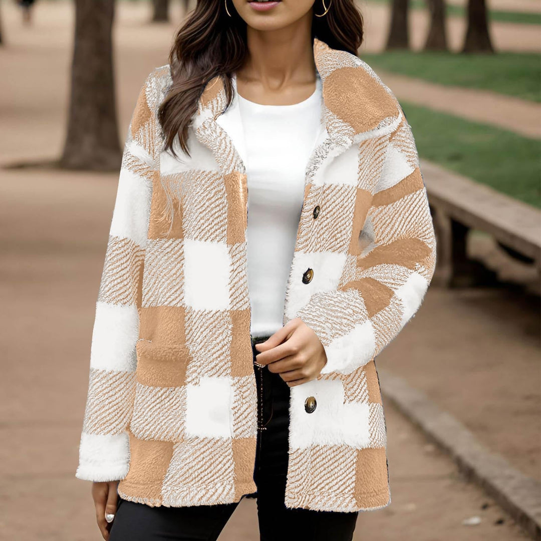 Sorvienne Relaxed Borg Check Shacket in Camel