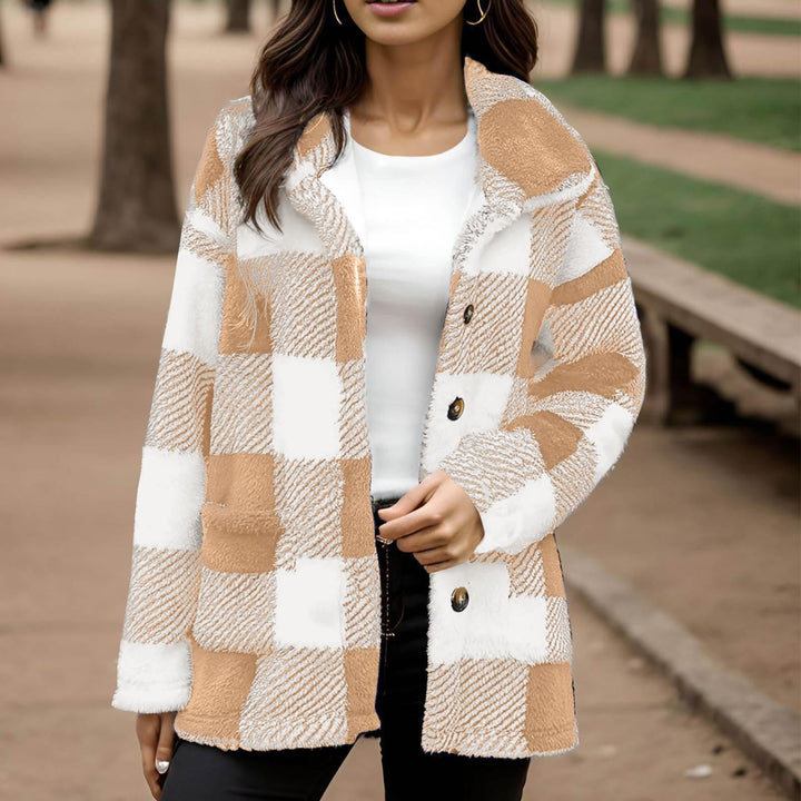 Sorvienne Relaxed Borg Check Shacket in Camel