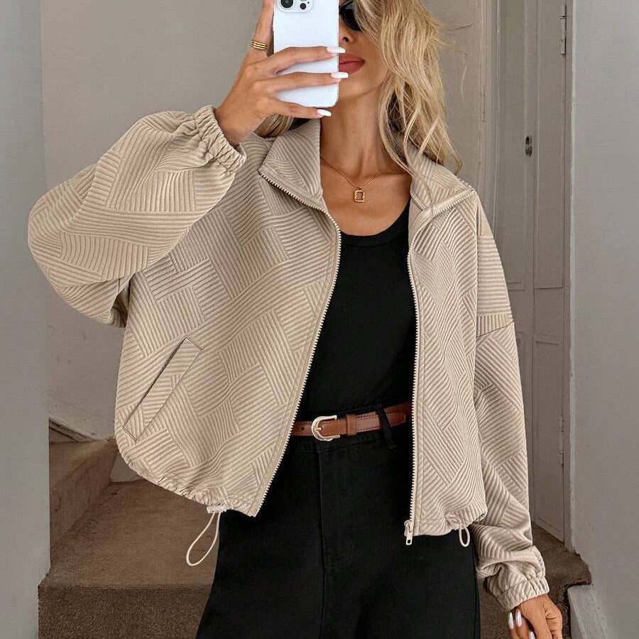 Sorvienne Relaxed Textured Funnel Neck Jacket in Beige