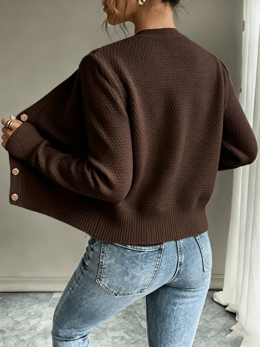 Sorvienne Cropped Cable Knit Cardigan in Chocolate