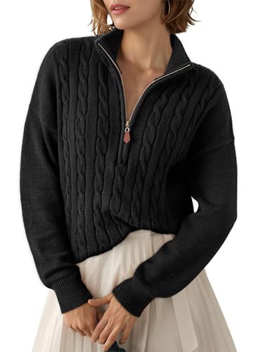 Sorvienne Relaxed Cable Knit Quarter Zip Jumper in Black