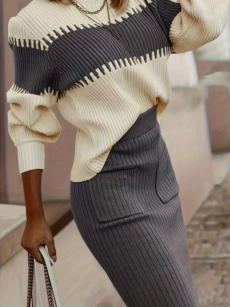 Sorvienne Relaxed Colour Block Knit Skirt Set in Grey