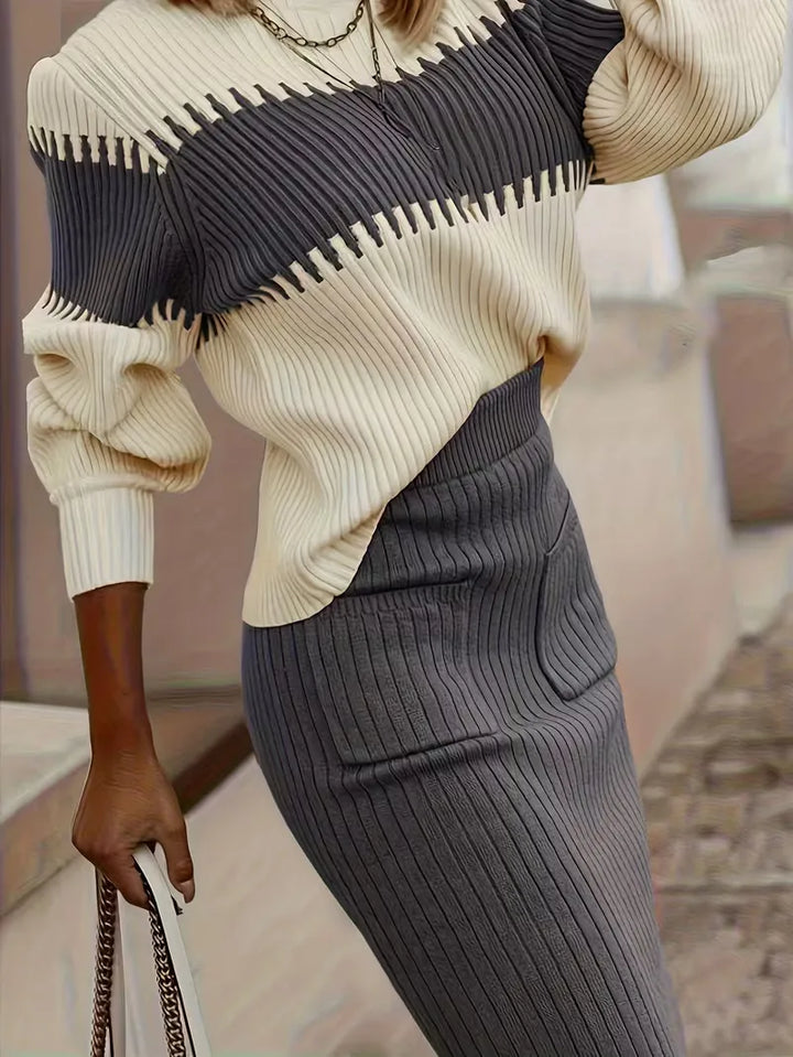 Sorvienne Relaxed Colour Block Knit Skirt Set in Grey