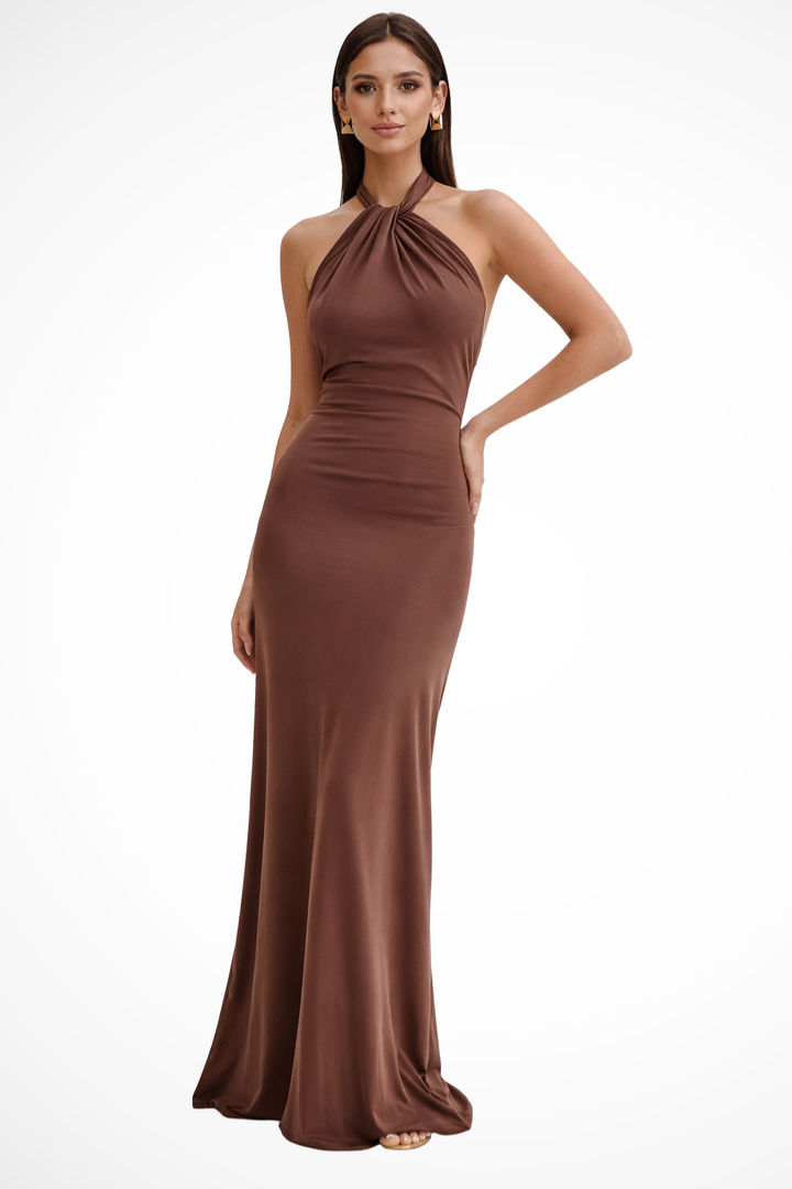 Sorvienne Women's Halter Neck Bodycon Maxi Dress in Brown